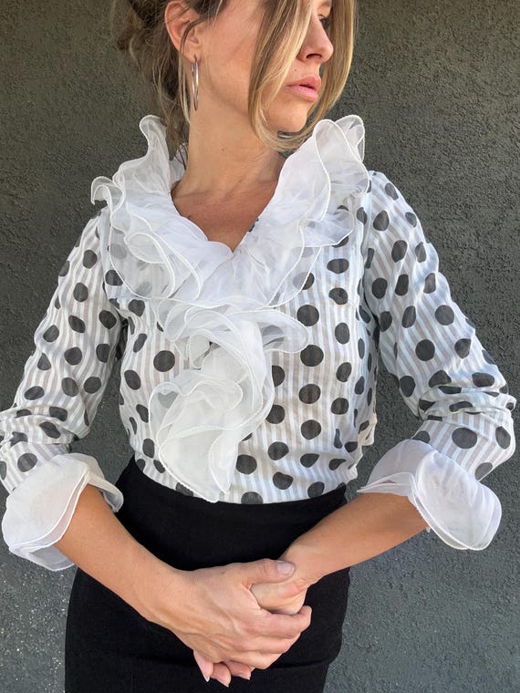 1960s Polka Dot Blouse: Striped Semi Sheer Ruffled Collar (SZ Xs 
