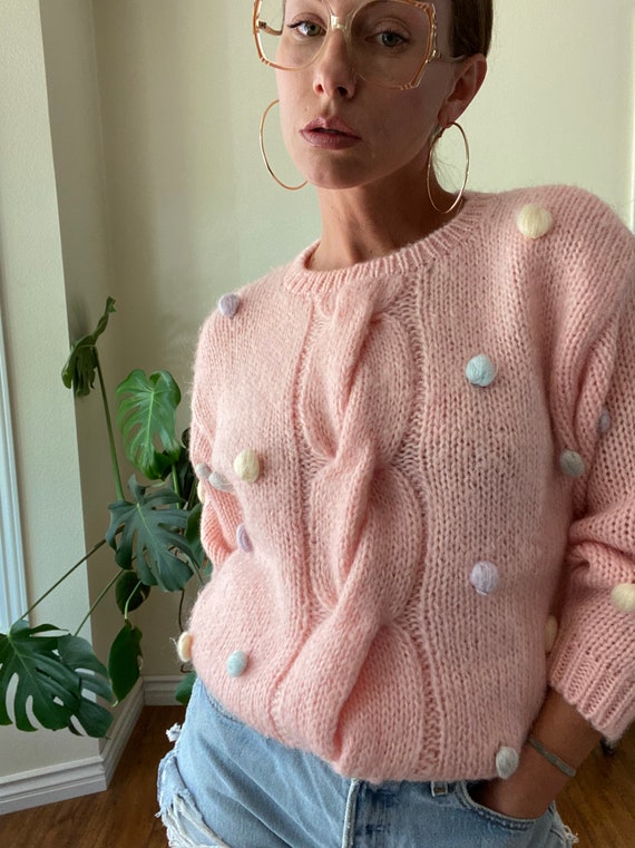 80s Oversized Pastel Clown Fuzzy Ball Sweater