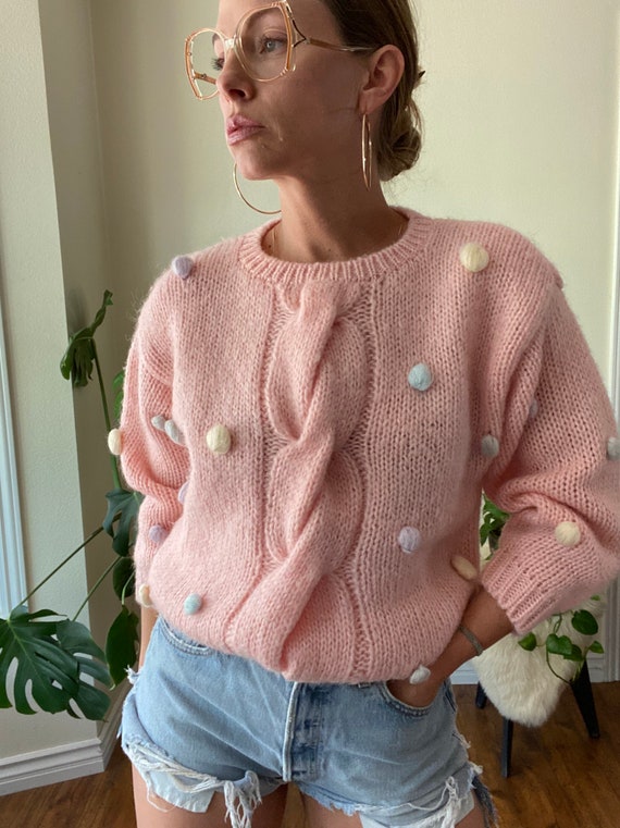 80s Oversized Pastel Clown Fuzzy Ball Sweater - image 10