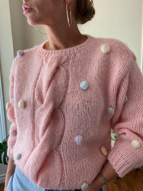 80s Oversized Pastel Clown Fuzzy Ball Sweater - image 9