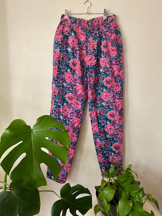 1980s Lee pleated mom cut floral corduroy pants