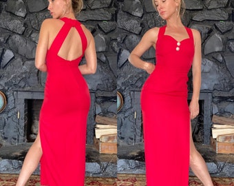90’s Red side slit sweetheart neckline rhinestone formal dress