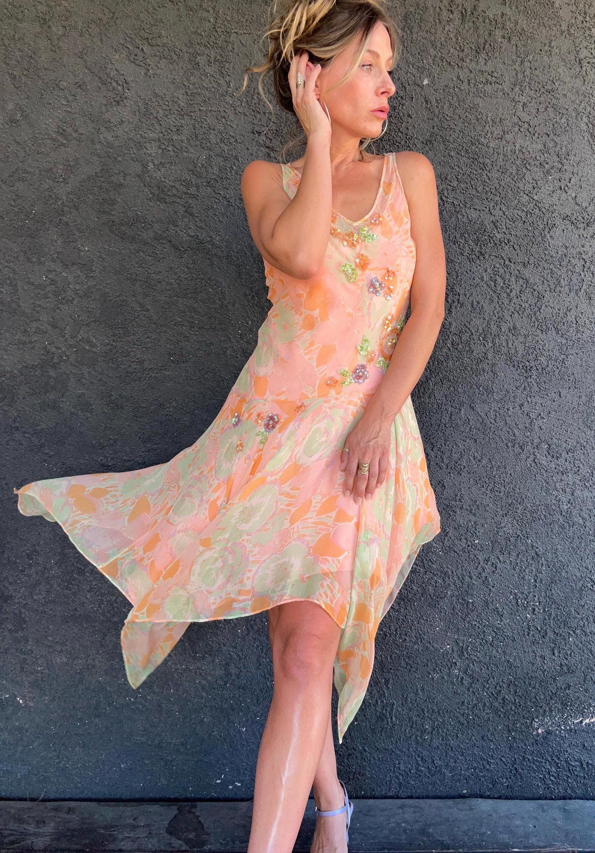 90s Fairy Silk Midi Dress: Beaded Sequin Detail, Handkerchief Hem - Etsy 90s Fairy Silk Midi Dress: Beaded Sequin Detail, Handkerchief Hem - Etsy