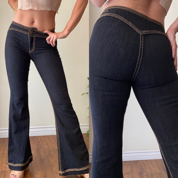 Late 90s Y2k Super Low Rise Dark Wash Flared Bell Bottom Jeans SZ 6/8 