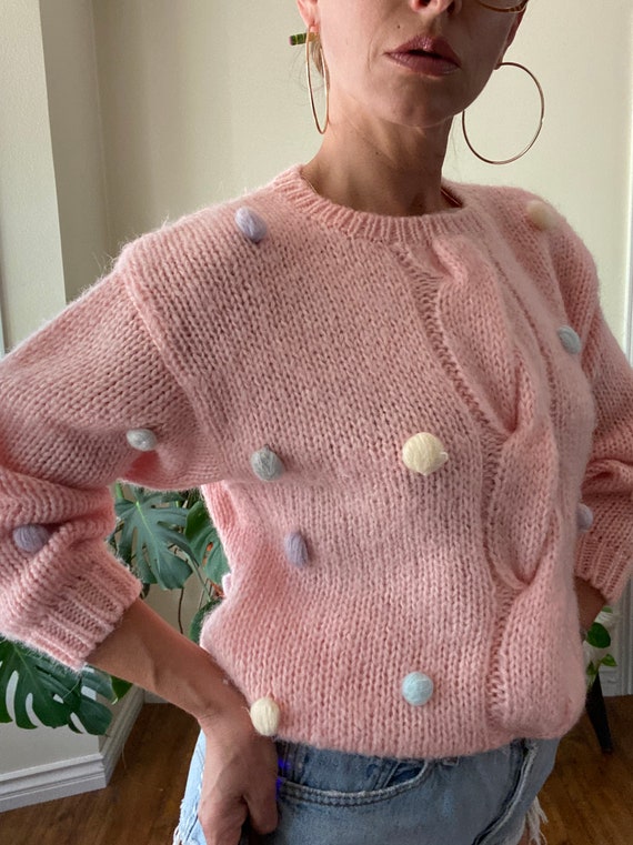 80s Oversized Pastel Clown Fuzzy Ball Sweater - image 2