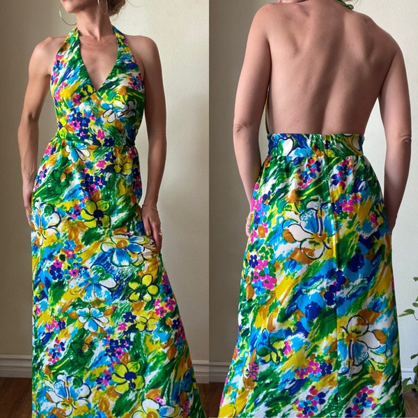 646 Floral exotic Hawaii dress, halter style dress