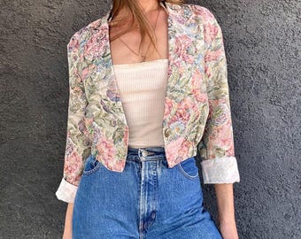 Chaqueta corta de tapicería ligera con estampado floral de los años 90, talla pequeña/mediana.