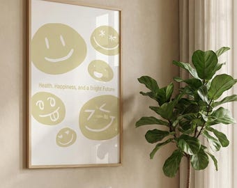Smile Face Poster Positive Quote Health Happiness Bright Future Minimal Wall Art Digital Download