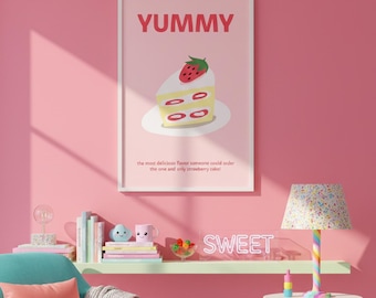 Strawberry Cake Illustration Poster | Pink Kitchen Decor (Digital Download)