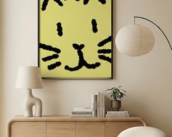 Hand Drawn Cat Face Print | Minimalist Yellow Wall Art (Digital Download)