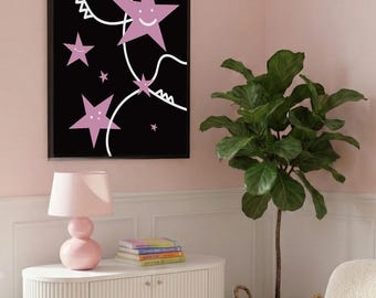 Star Pattern Poster Hand Drawn Smiling Stars Illustration Wall Decor Digital Download