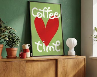 Coffee Time Poster Hand Drawn Heart Illustration Kitchen Cafe Wall Decor Digital Download