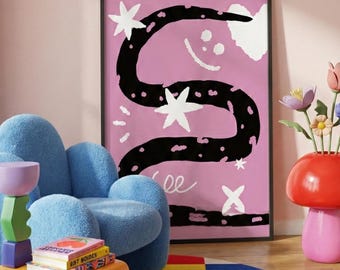 Letter S Snake Art Print | Pink Modern Graphic (Digital Download)