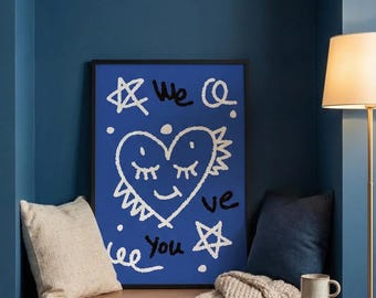 Love You Heart Art Print | Hand-Drawn Blue Illustration (Digital Download)
