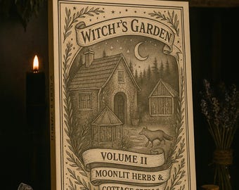 May include: A book titled "Witch's Garden Volume II" with an illustration of a cottage, a fox, and a crescent moon. The cover is cream-colored with black ink. Lit candles and dried herbs are in the background.