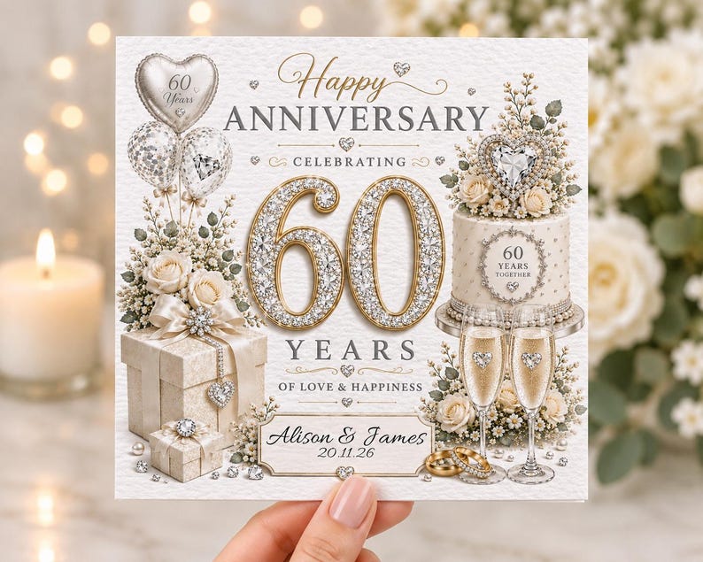 60th Wedding Anniversary Card, Personalised Diamond Anniversary Card 60th Wedding Anniversary Card, Personalised Diamond Anniversary Card