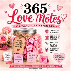 365 Love Notes Printable Jar Gift | Romantic DIY Anniversary Valentine (Digital Download)