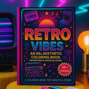 Peut inclure: Un livre de coloriage intitulé "Retro Vibes" avec un thème esthétique des années 80. La couverture présente des graphismes rétro, dont une cassette, une borne d'arcade et un boombox. Le livre est pour les rêveurs et les nostalgiques, avec plus de 50 pages.