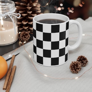 Checkered Coffee Mug: Retro Black and White Ceramic Tea Cup