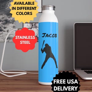 Personalized Baseball Player Water Bottle, Slim Stainless Steel Flask, Customized Gym Drinkware, Sports Team Hydration, Gift for Baseball