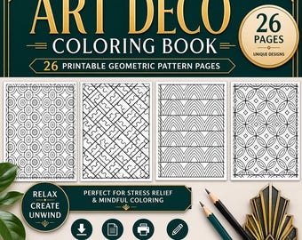 Art-decokleurboek voor volwassenen, 26 afdrukbare pdf-pagina's met geometrische patronen