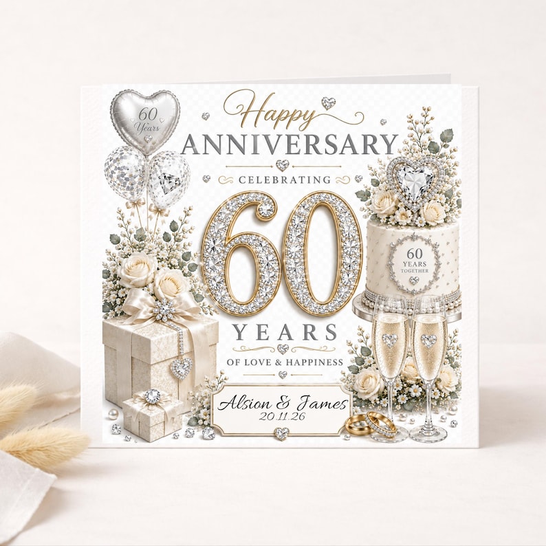 60th Wedding Anniversary Card, Personalised Diamond Anniversary Card 60th Wedding Anniversary Card, Personalised Diamond Anniversary Card
