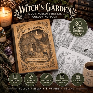 May include: A Witch's Garden cottagecore herbal coloring book with a tan cover featuring a cottage, crescent moon, and cat illustration. The book includes 30 unique designs on single-sided pages in a large 8.5 inch by 11 inch format.