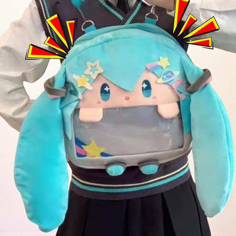 May include: A light blue plush backpack featuring a cartoon character design with long, flowing pigtails, stars, and a clear front pocket. The backpack has adjustable straps and a whimsical aesthetic.