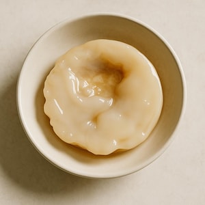 Pode incluir: Um SCOBY bege, cultura simbiótica de bactérias e leveduras, está numa pequena tigela de cerâmica branca. O SCOBY é circular, com uma superfície lisa e translúcida e um centro mais escuro. A tigela tem um design simples e minimalista.