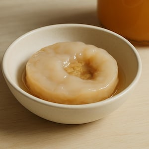 Peut inclure: Gros plan sur un bol en céramique beige contenant un disque translucide clair. Le disque a un centre texturé et plus foncé et est immergé dans un liquide clair. Un bocal en verre avec un liquide brun est visible en arrière-plan.