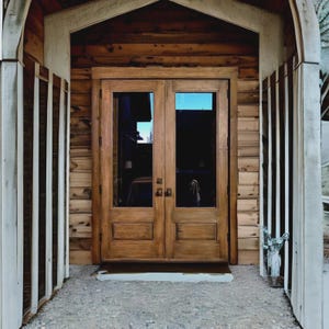 Rustic Wooden French Double Door | Solid Wood with Glass Panels | Farmhouse Patio or Cabin Entryway Door | Single Double Door | Patio Door