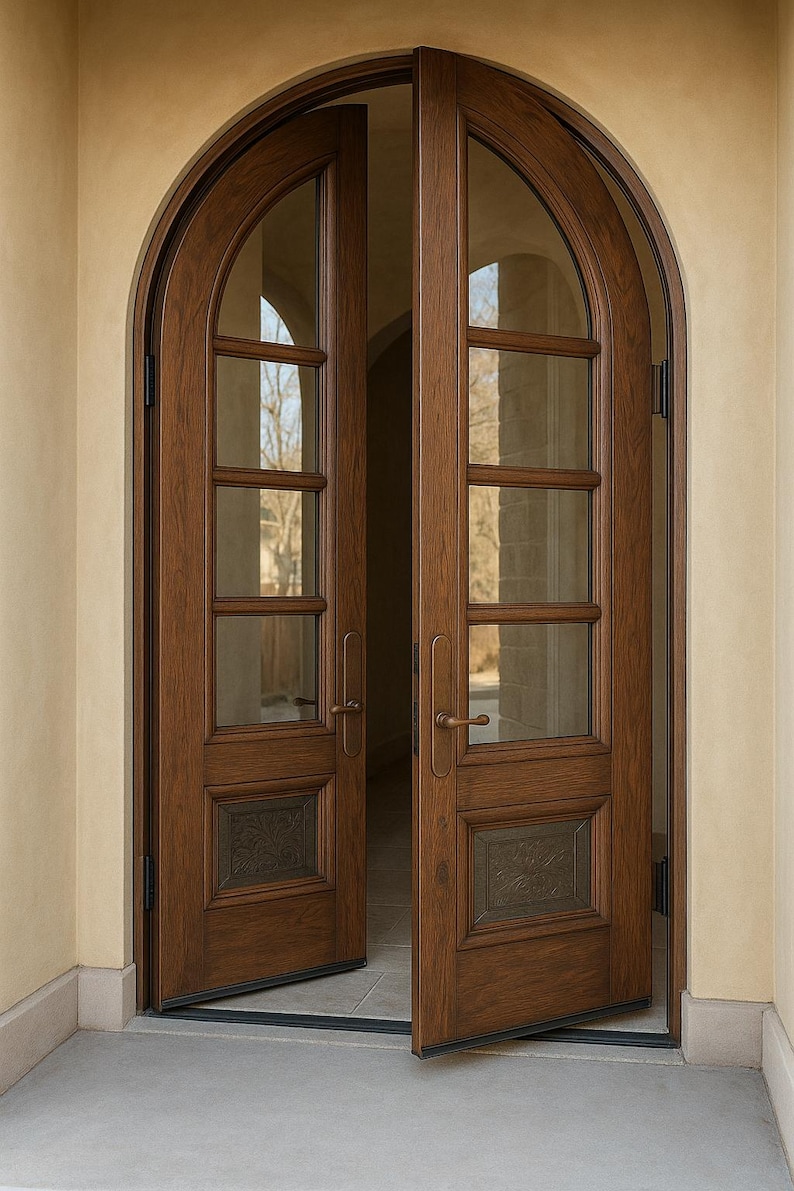 Arched Double Wooden Entry Door With Glass Panels & Carved Details ...