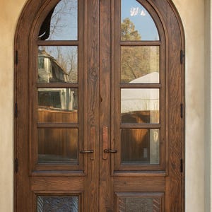 Arched Double Wooden Entry Door with Glass Panels & Carved Details – Rustic Solid Wood Front Door – Custom Handmade Exterior Door