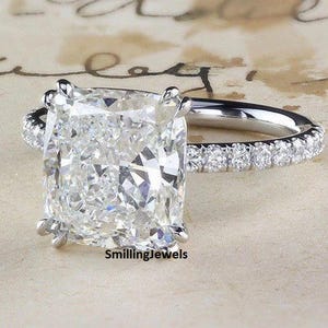 5.62 CT Cushion Cut Moissanite Engagement Ring, Stunning Diamond Pave Setting Ring, 10k White Gold Women&#39;s Ring, Double Claw Prong Setting