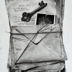 Dibujo de letras vintage original, obra de arte realista a lápiz, sobre antiguo nostálgico, arte romántico, naturaleza muerta, papel hecho a mano, decoración efímera