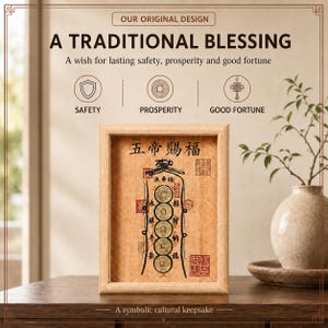 May include: A rectangular light wood frame containing a vertical arrangement of five circular metal coins with square center holes. The background is tan with black Chinese calligraphy and red seal stamps. Text above reads: OUR ORIGINAL DESIGN A TRADITIONAL BLESSING.