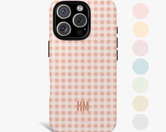 Personalized Pastel Gingham Phone Case, Custom Name Initials Summer iPhone Pro Max Case for 16 15 14 13 12 11, MagSafe Compatible Phone Case