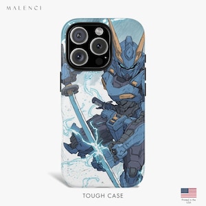 Anime iPhone Case, Blue Armor Mecha Phone Case for iPhone 16 15 14 13 12 11, MagSafe Compatible, Bold Futuristic Design