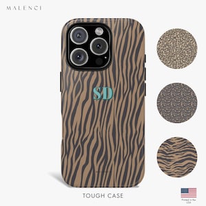 Personalized Animal Print Initials iPhone Case, Custom Name Initial Case iPhone 16 15 14 13 12 11, MagSafe Compatible, Designer Phone Case