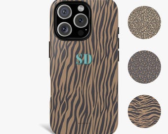 Personalized Animal Print Initials iPhone Case, Custom Name Initial Case iPhone 17 16 15 14 13 12, MagSafe Compatible, Designer Phone Case