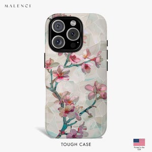 Pink Blossom Stained Glass Illusion Print Elegant Phone Case for iPhone 16 15 14 13 12 11, MagSafe Compatible, Designer Aesthetic Phone Case