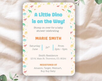 May include: A baby shower invitation with a dinosaur theme. The invitation has a light beige background with a border of colorful dinosaurs. The text reads "A Little Dino is on the Way!" and includes the event details.