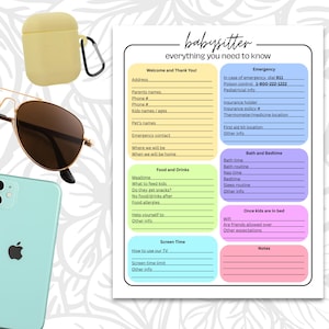 May include: A babysitter information sheet with sections for emergency contacts, food and drinks, and screen time. Also includes a light green smartphone, gold aviator sunglasses, and a yellow earbud case.