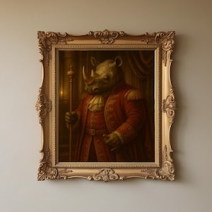 Baroque Rhino Portrait Printable – Royal Animal Wall Art – Noble Rhinoceros Digital Print for Office Decor