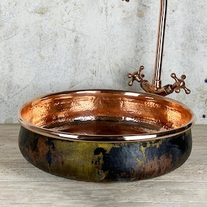 Handmade Hammered Copper Sink – Rustic Vessel Bathroom Basin with Patina Finish – Vintage Farmhouse Vanity Bowl