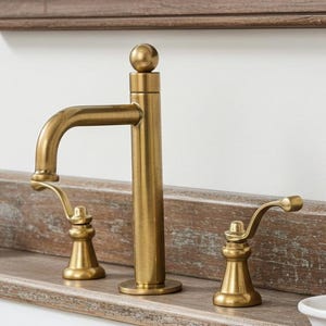 Unlacquered Brass Widespread Bathroom Faucet – Vintage Deck Mount Sink Mixer Tap