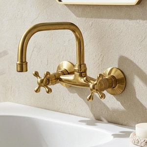 Unlacquered Brass Wall Mount Faucet – Vintage Bathroom Sink Mixer Tap with Cross Handles