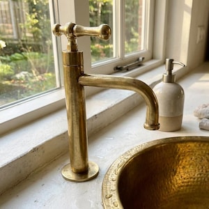 Unlacquered Brass Bar Faucet – Vintage Victorian Bathroom Sink Tap with Single Lever Knob