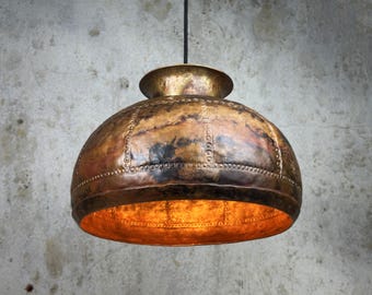 Hand-Hammered Oxidized Copper Dome Pendant Light , Indoor & Outdoor Rustic Lighting Fixture