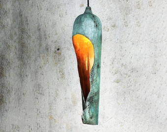 Handmade Oxidized Copper Pendant Farmhouse Lighting – Rustic Sculpted Green Patina Hanging Lamp 